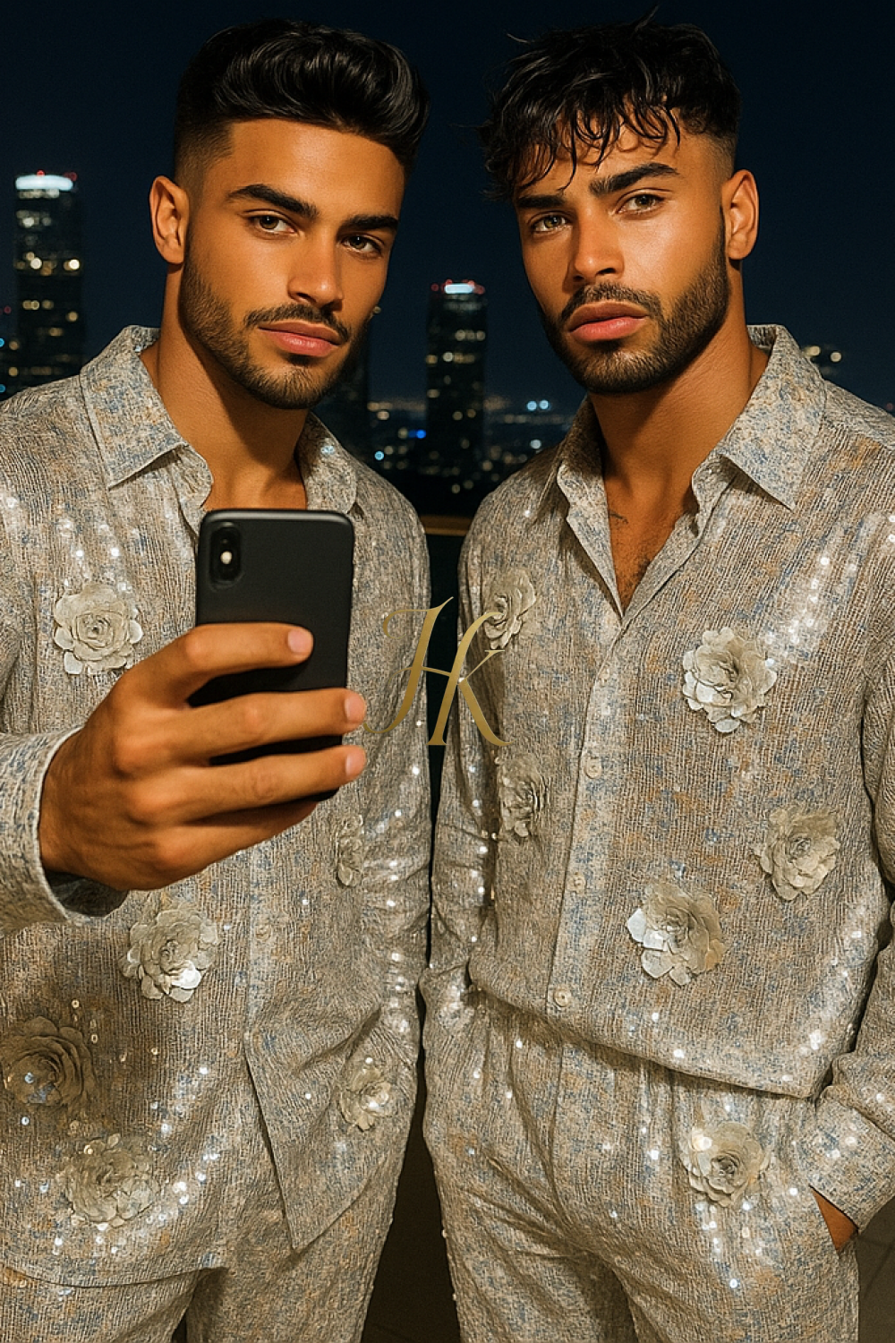 Men’s Luxury Silver Sequin Lace Set – Handmade Embroidered Net Fabric Shirt & Pants