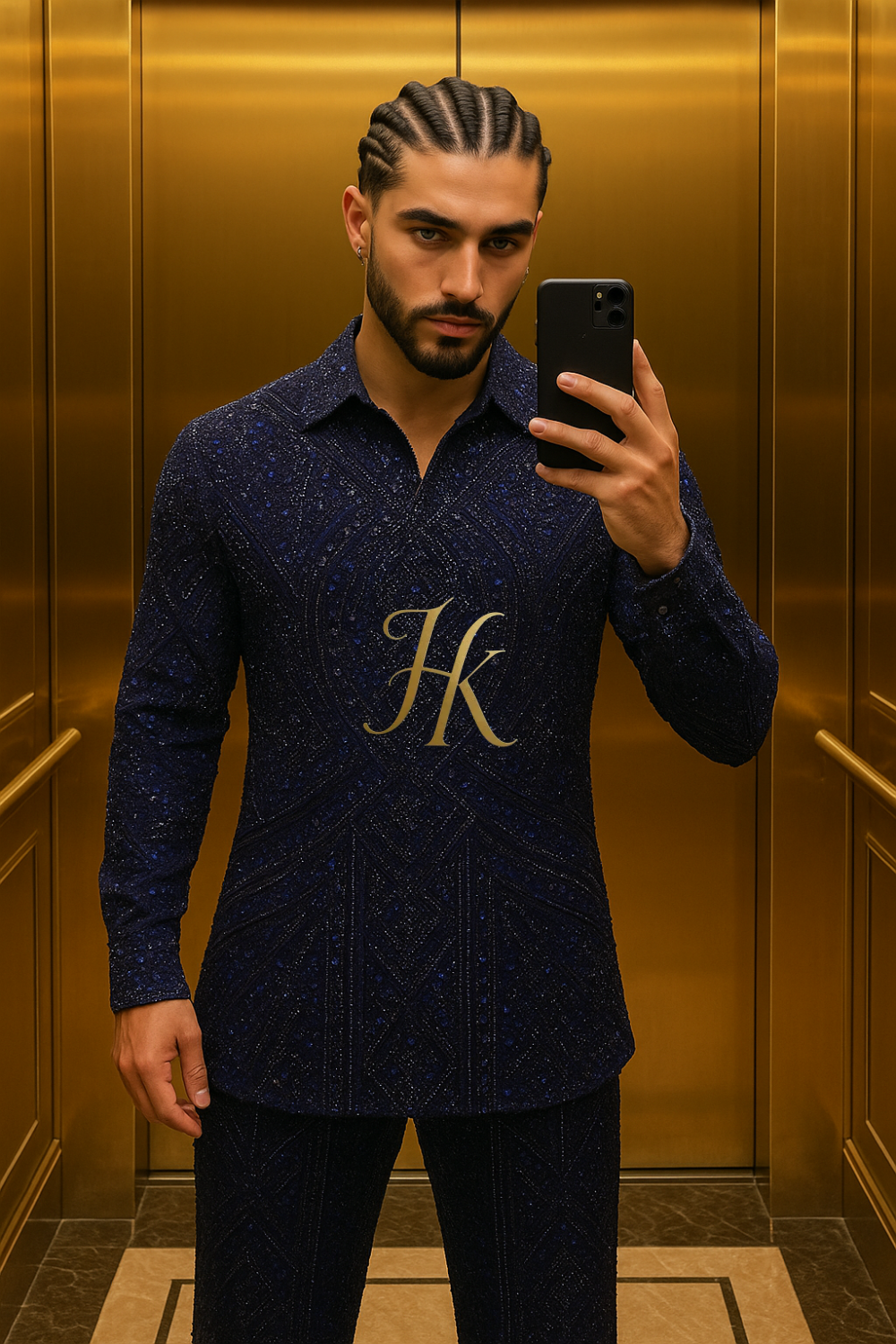 Men’s Luxury Lace Set – French Tulle with Sequins & Beaded Embroidery Shirt and Pants