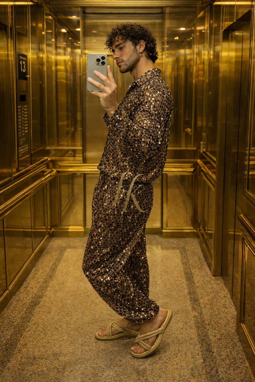 Velour Nights Mesh Shirt – Champagne Gold Elegance