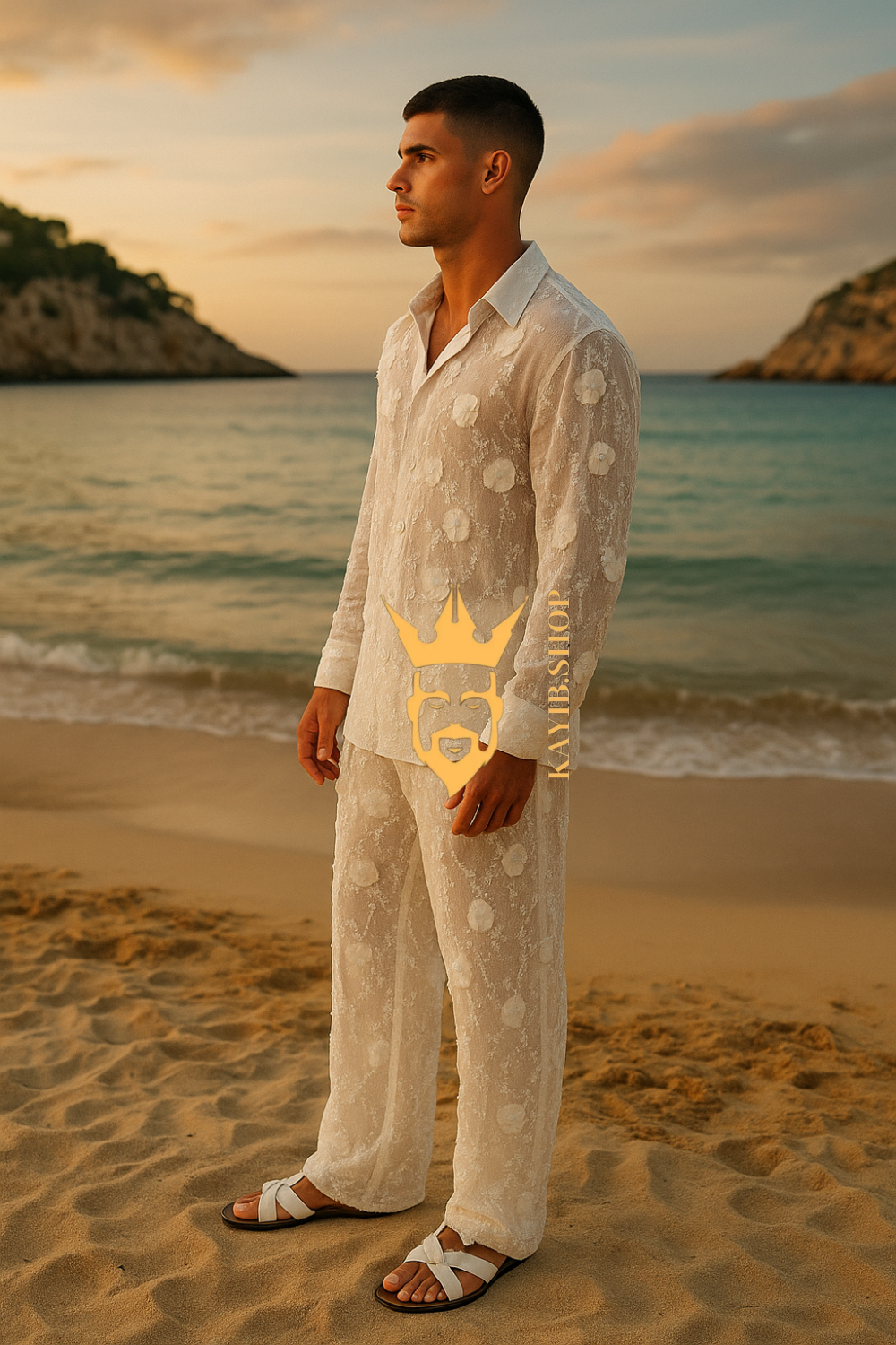 Luxury White 3D Floral Embroidered Men’s Set – Beaded Lace Shirt & Pants Designer Outfit