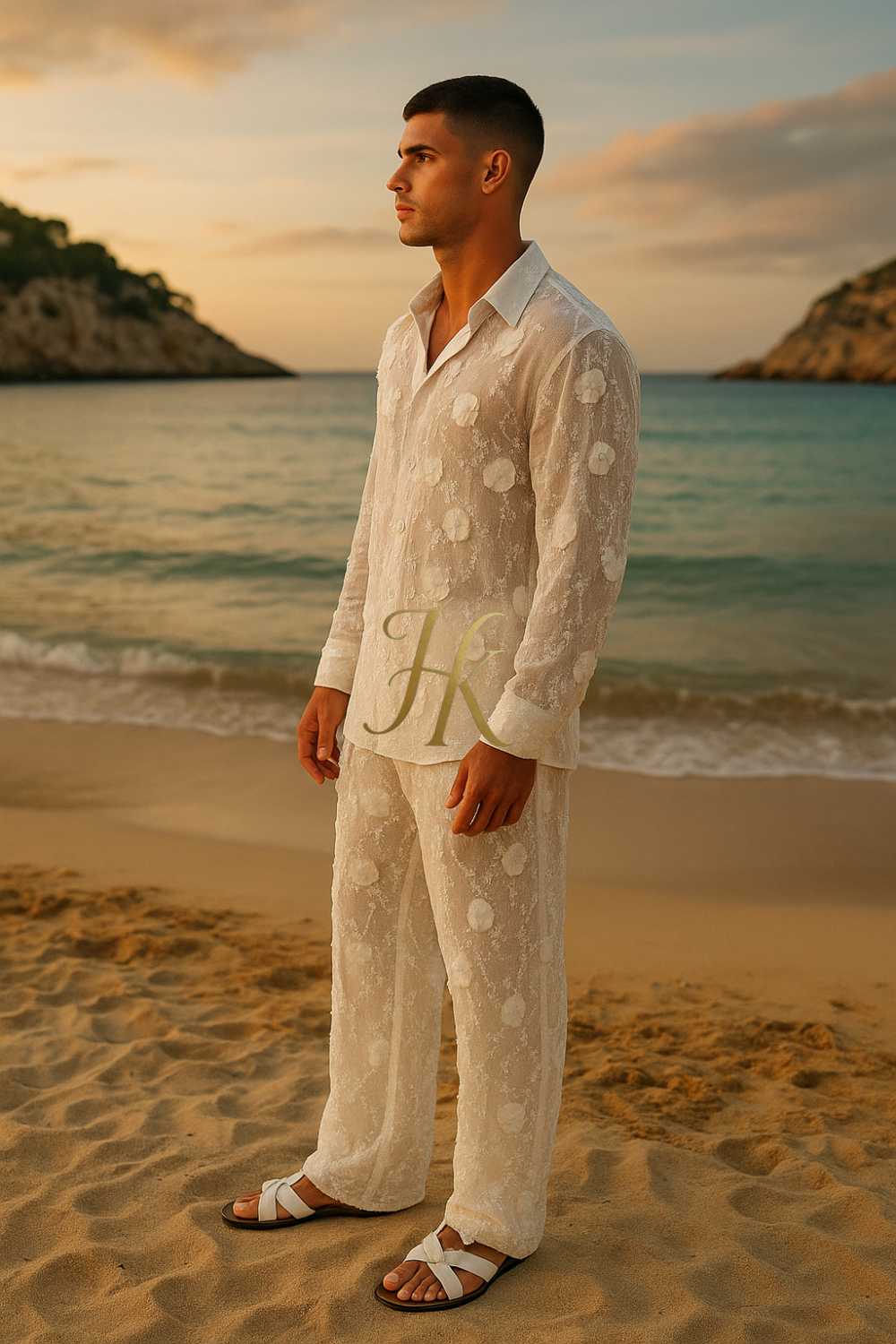 Luxury White 3D Floral Embroidered Men’s Set – Beaded Lace Shirt & Pants Designer Outfit