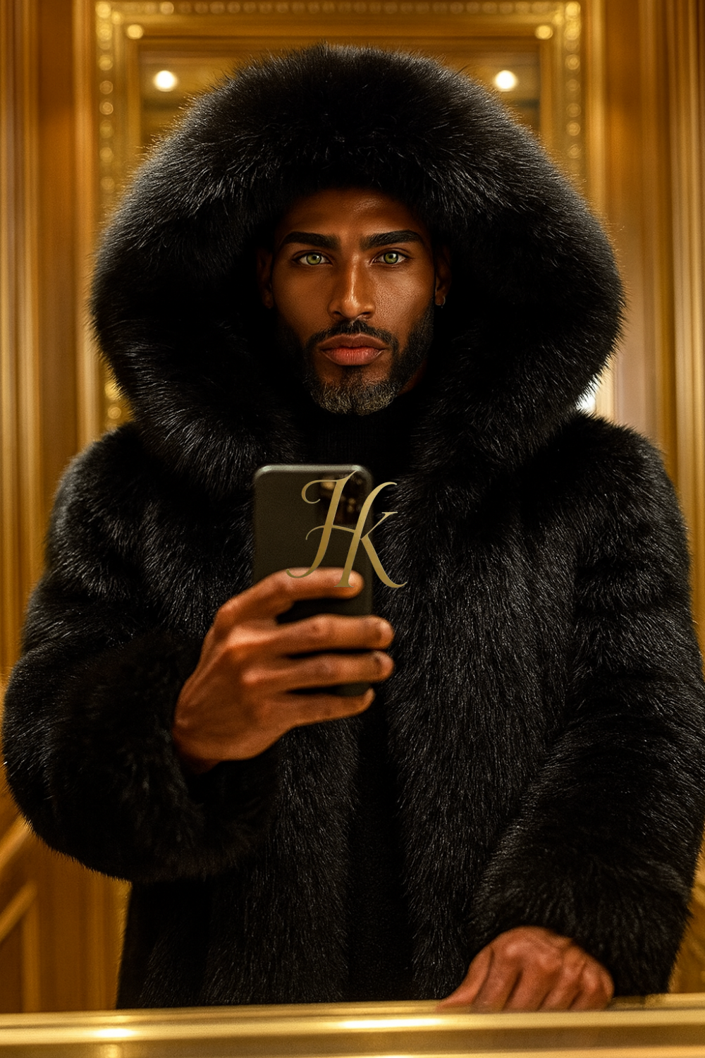 Luxury Men’s Black Fox Fur Hooded Coat – Winter Warm Jacket Outerwear