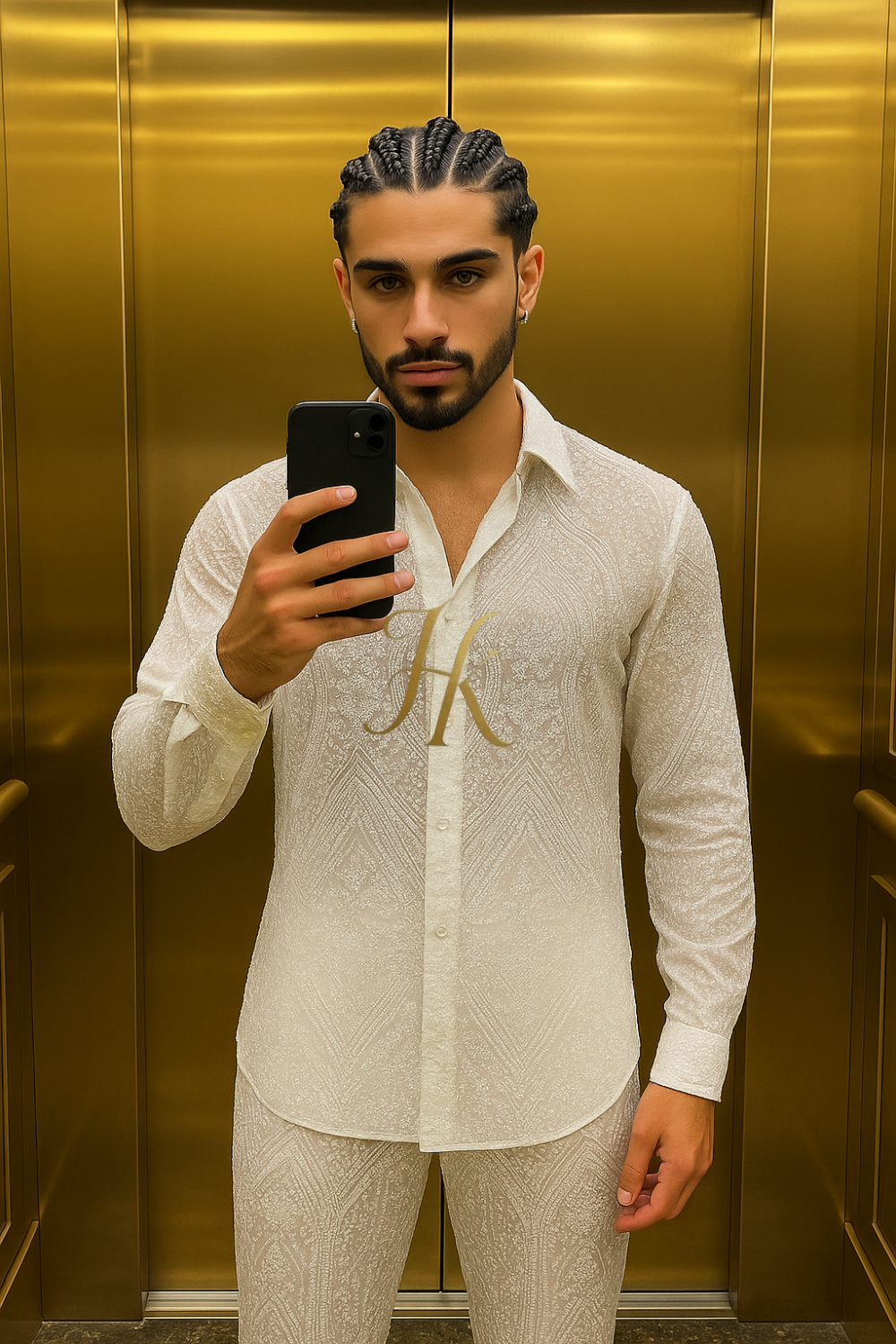 Men’s Luxury Lace Set – French Tulle with Sequins & Beaded Embroidery Shirt and Pants