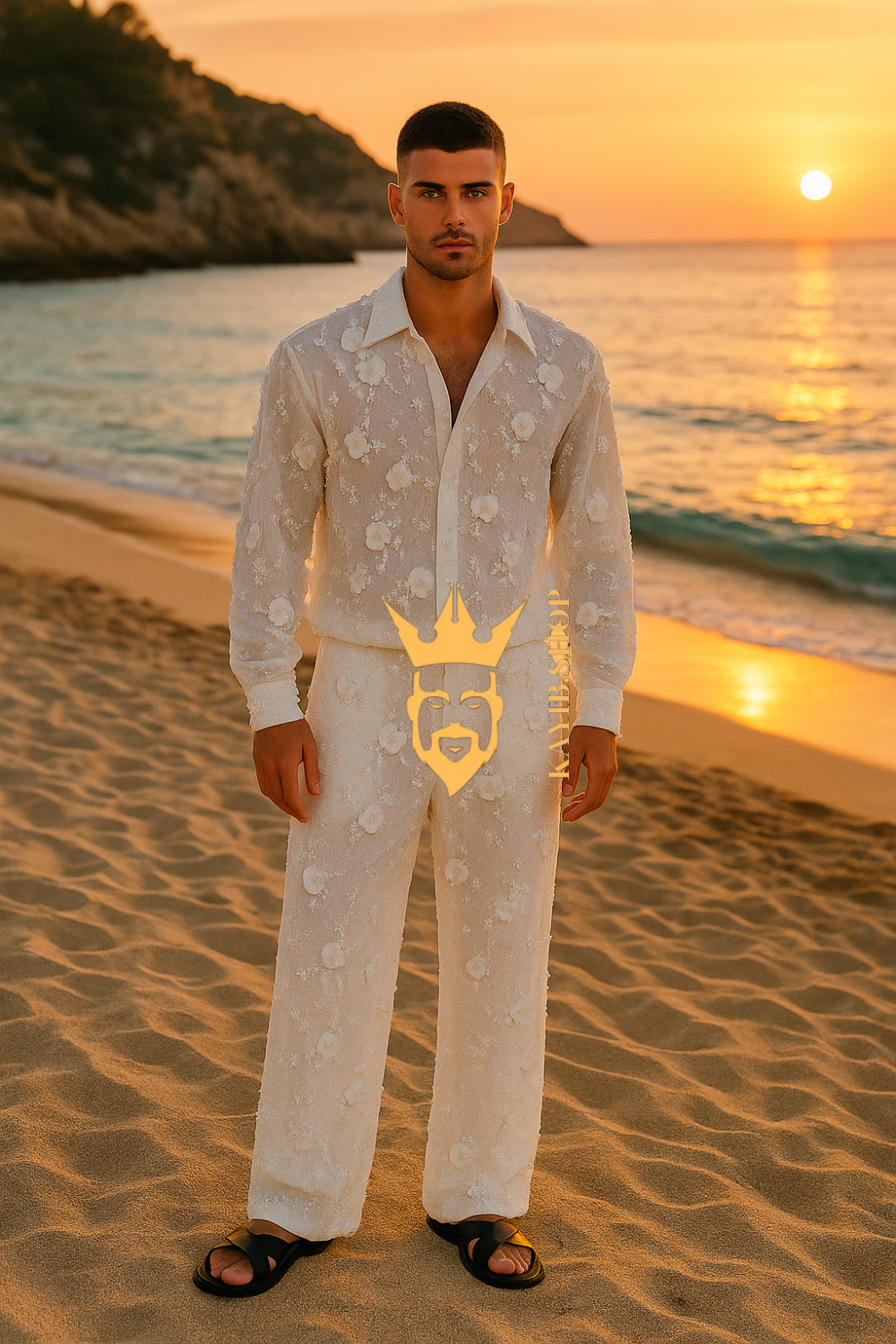 Luxury White 3D Floral Embroidered Men’s Set – Beaded Lace Shirt & Pants Designer Outfit