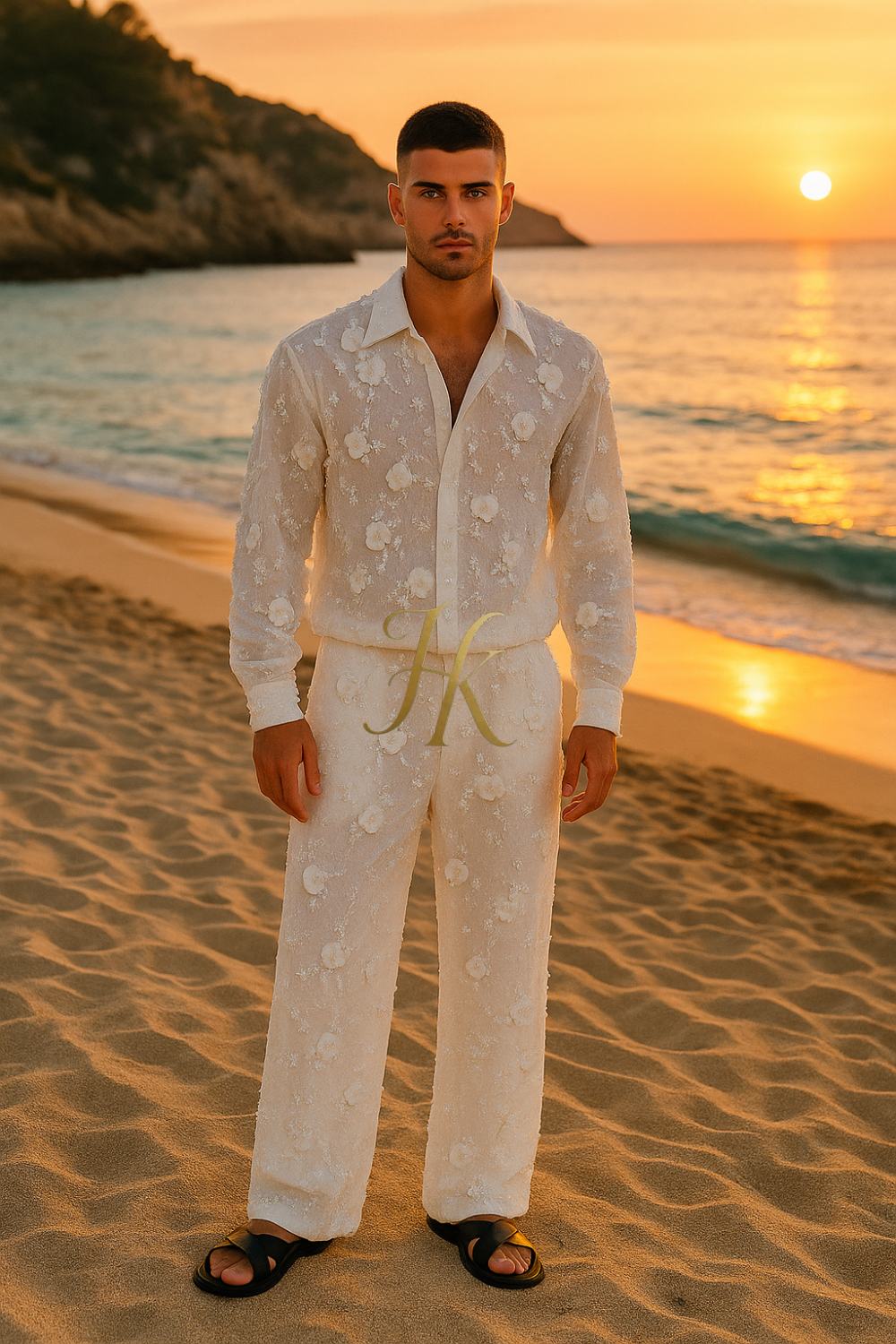 Luxury White 3D Floral Embroidered Men’s Set – Beaded Lace Shirt & Pants Designer Outfit