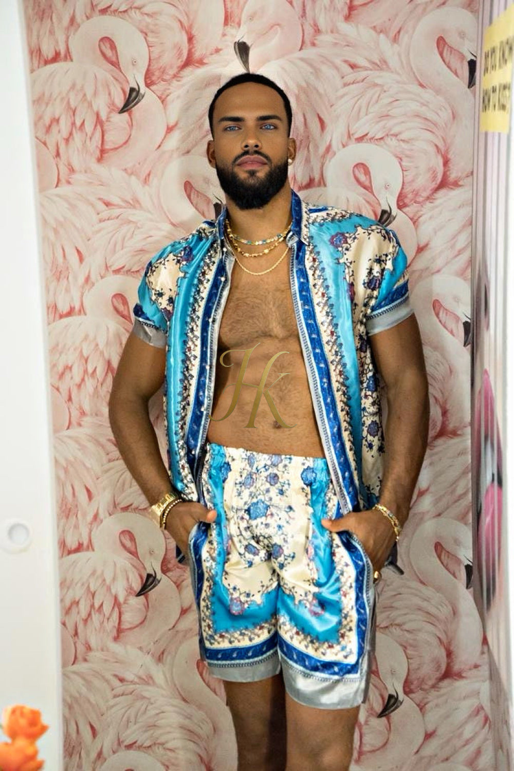 Luxury Boho Silk Shirt Set - Festival Outfit, Handmade Men's Fashion style for summer - kayibstrore