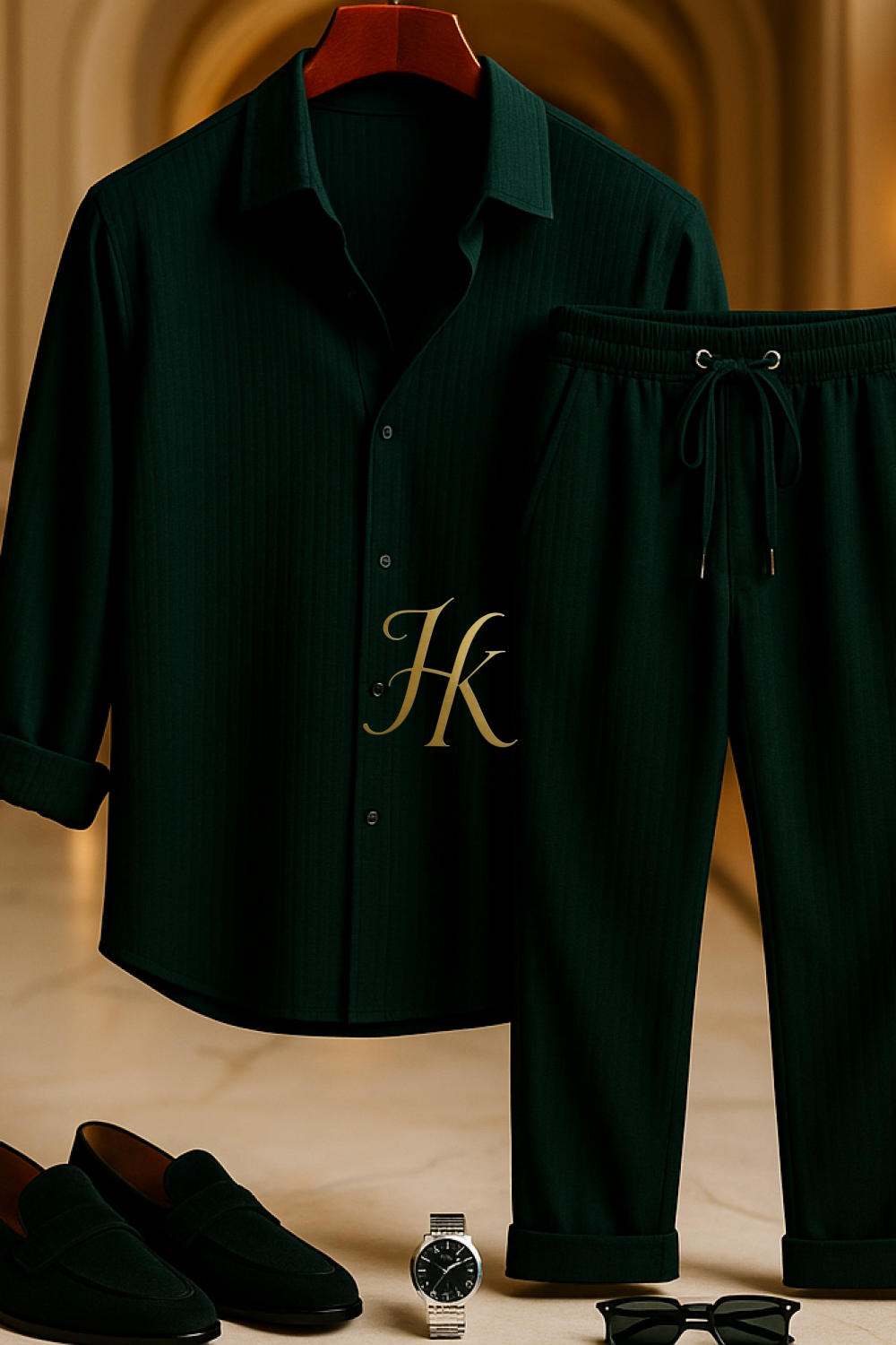 Green Men’s Two-Piece Shirt & Pants Set – Single-Breasted Top with Drawstring Straight Pants