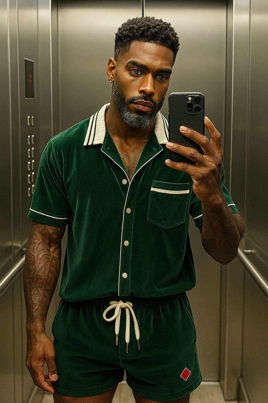 Men’s Velvet Shirt & Shorts Set with Turn-Down Collar