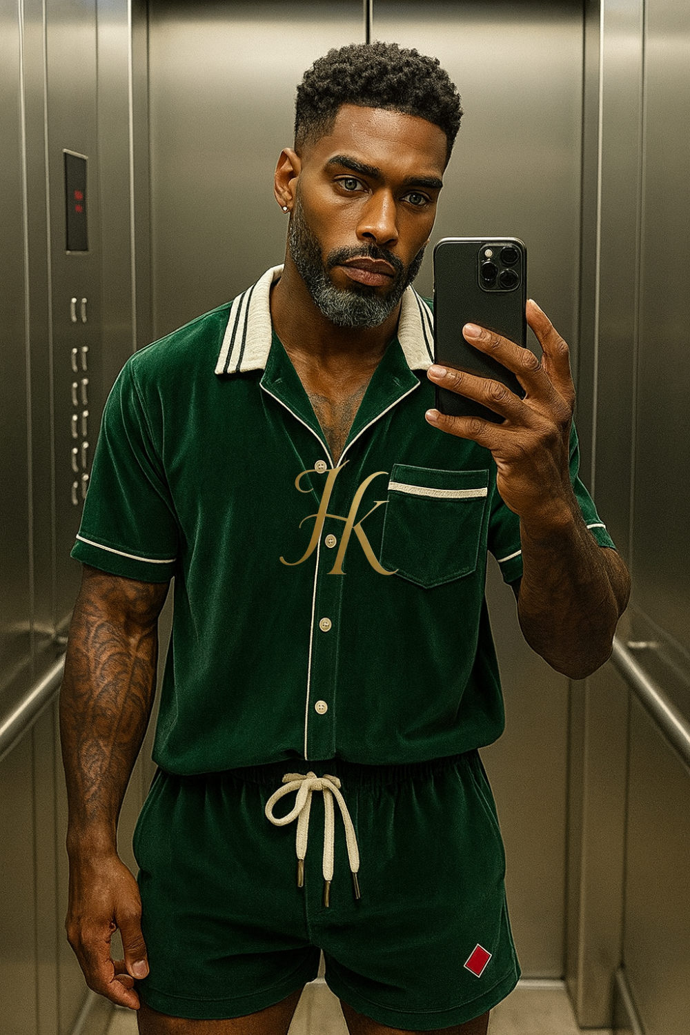 Men’s Velvet Shirt & Shorts Set with Turn-Down Collar