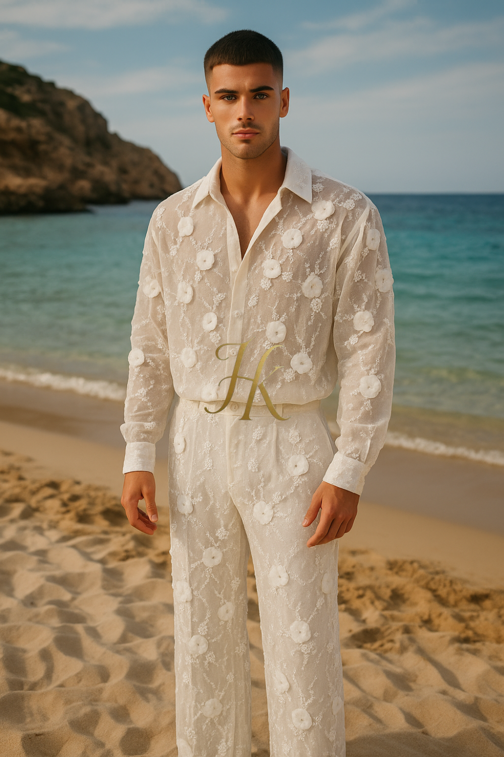 Luxury White 3D Floral Embroidered Men’s Set – Beaded Lace Shirt & Pants Designer Outfit