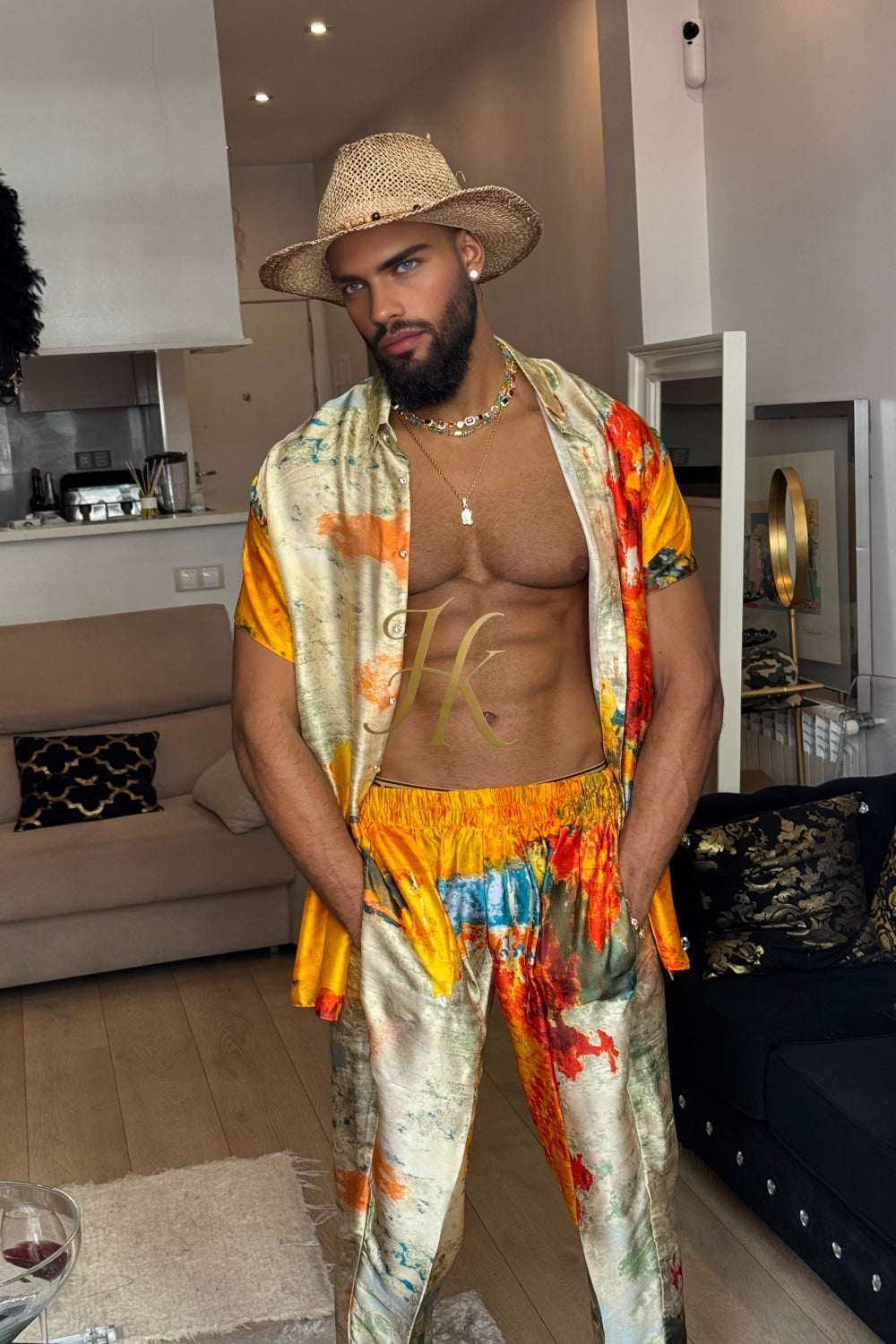 Golden Hour Elegance – Men’s Premium Silk Shirt & Pants Set - kayibstrore