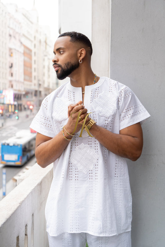 White Men's Lace Two-Piece Clothing: Sophisticated & Versatile Ensemble - kayibstrore