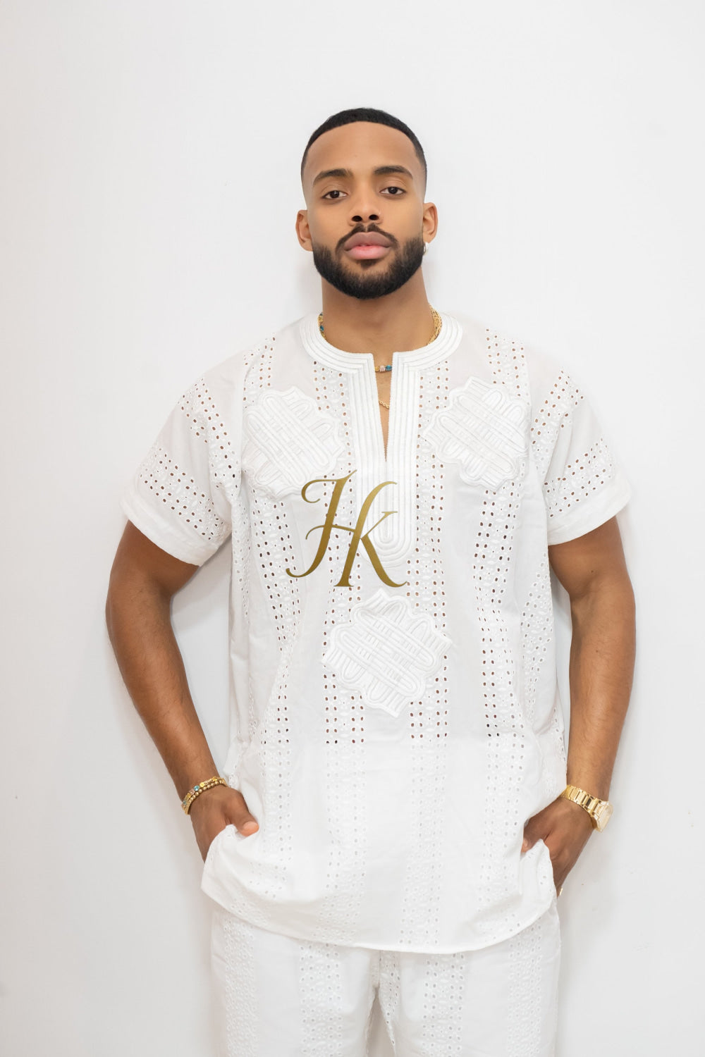 White Men's Lace Two-Piece Clothing: Sophisticated & Versatile Ensemble - kayibstrore