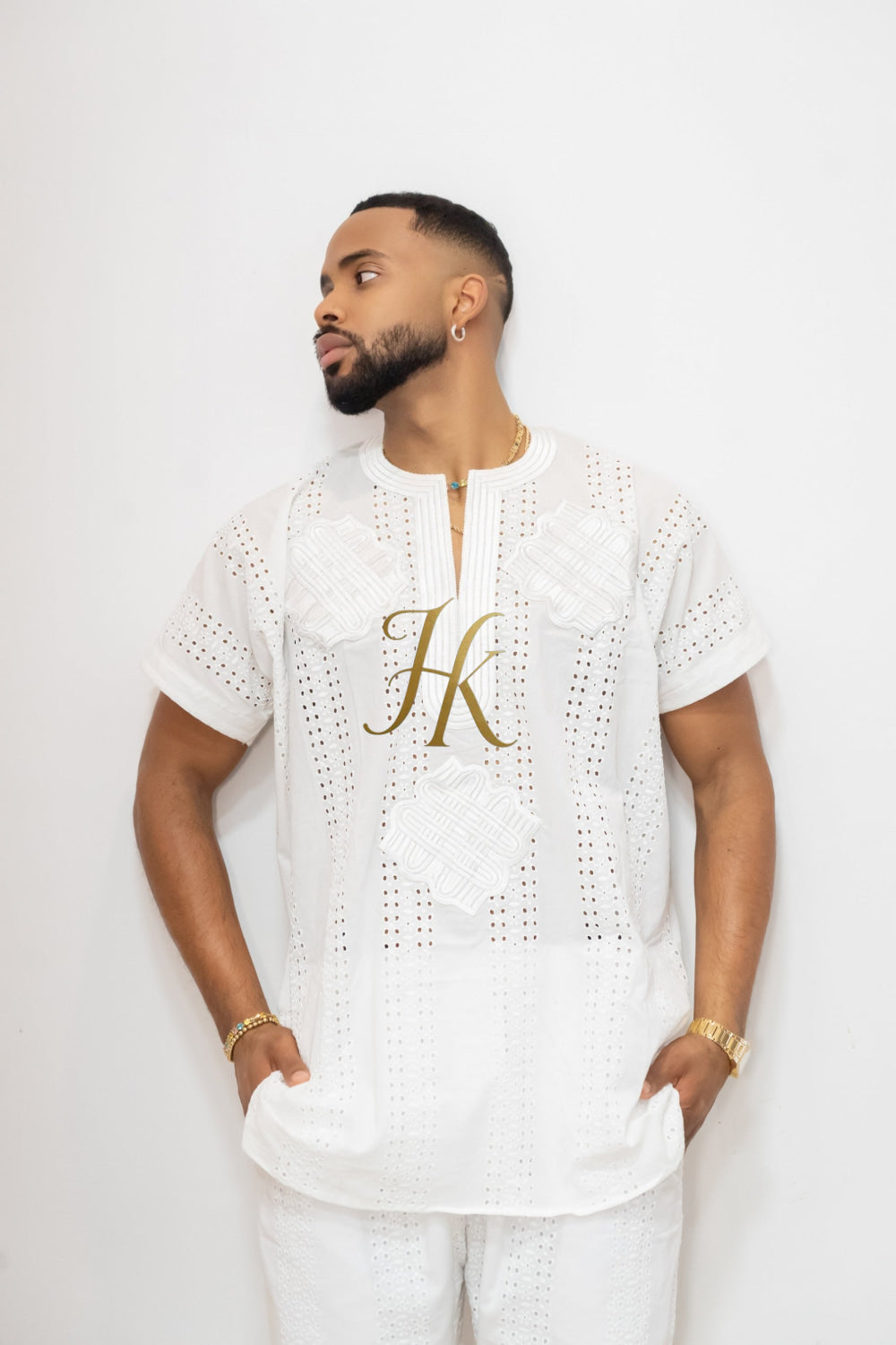 White Men's Lace Two-Piece Clothing: Sophisticated & Versatile Ensemble - kayibstrore