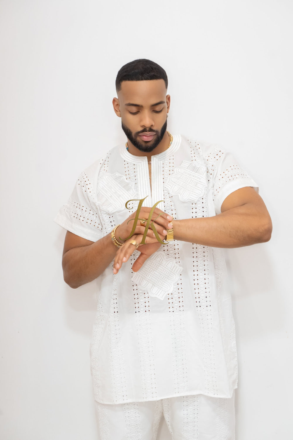 White Men's Lace Two-Piece Clothing: Sophisticated & Versatile Ensemble - kayibstrore