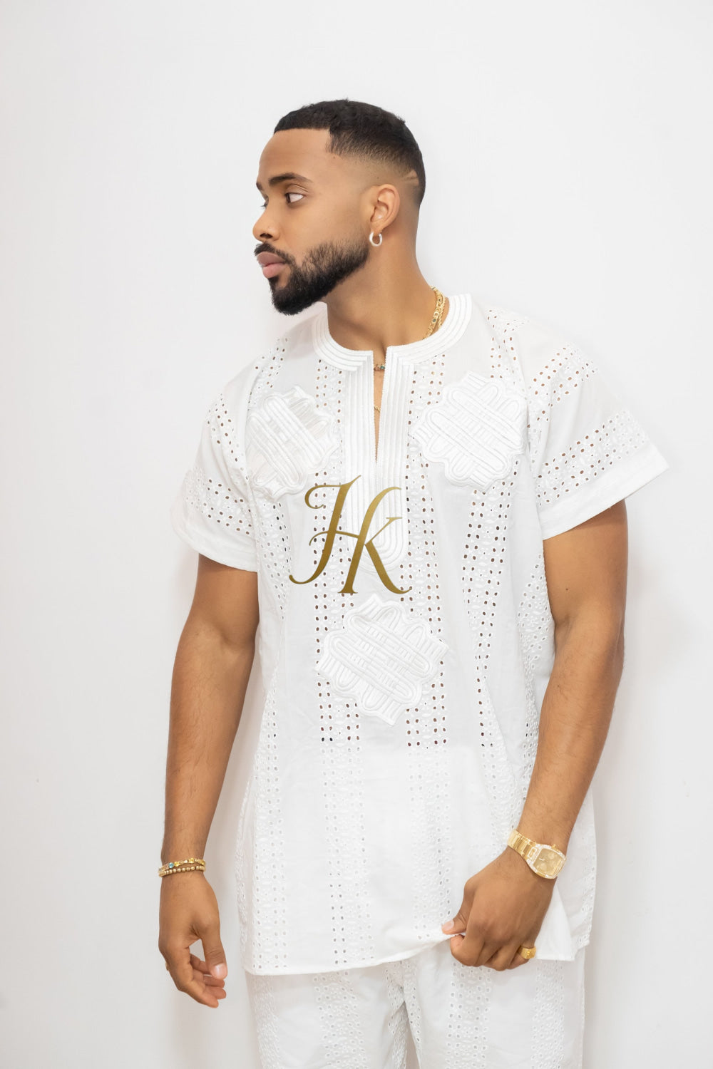 White Men's Lace Two-Piece Clothing: Sophisticated & Versatile Ensemble - kayibstrore