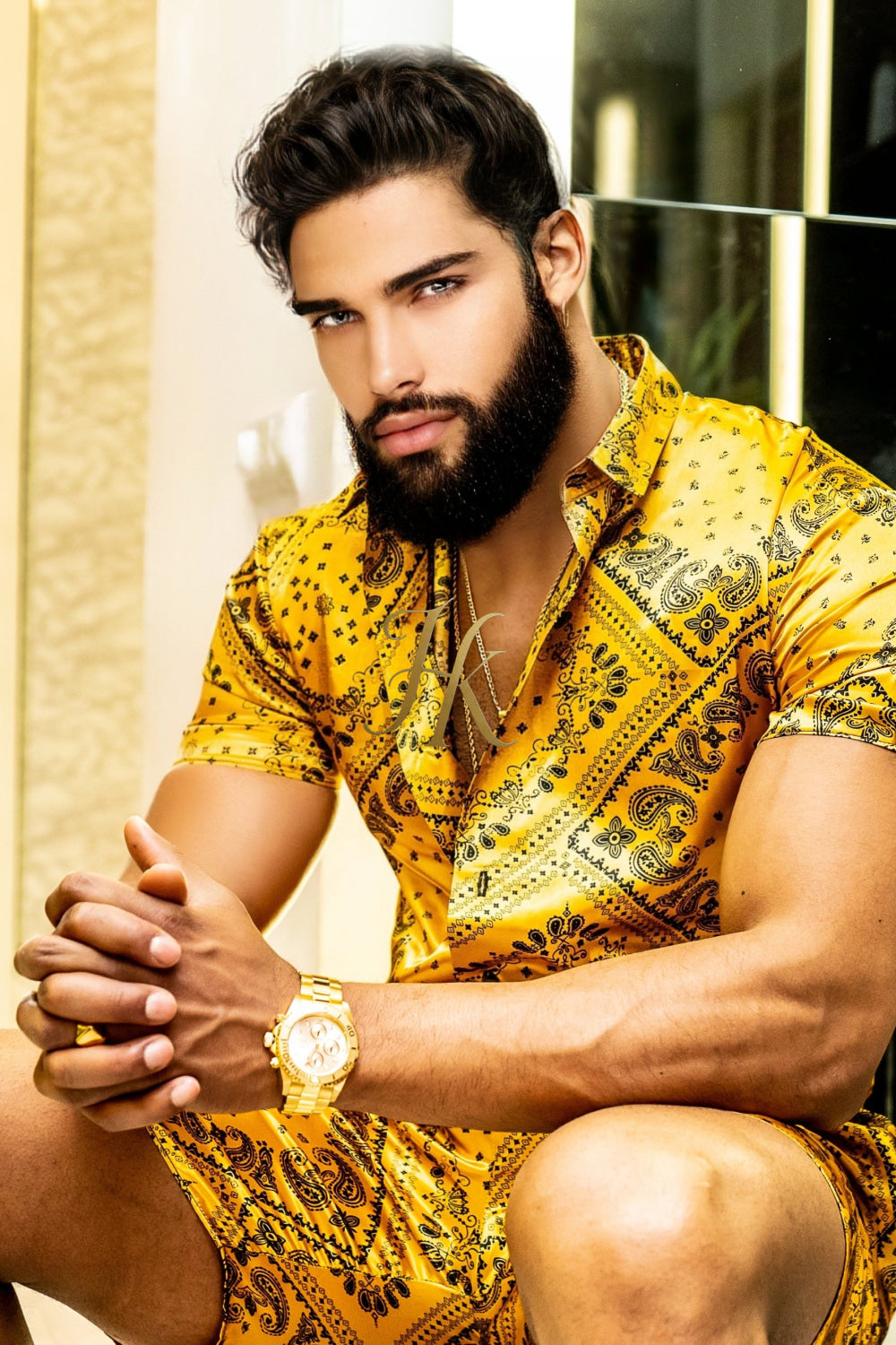 Gold Luxurious Barocco Print Set - The Ultimate Summer Silk Outfit for Men - kayibstrore