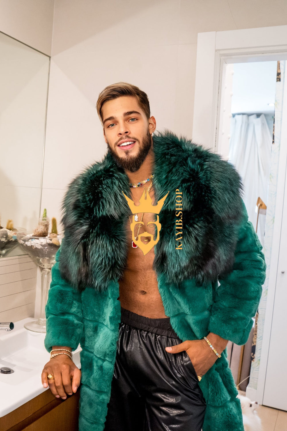 Winter Handmade Luxury Winter Men's Rex Rabbit Fur Coat with Super Large Raccoon Collar - Premium Fashion Outerwear - kayibstrore
