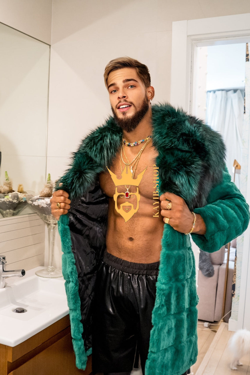Winter Handmade Luxury Winter Men's Rex Rabbit Fur Coat with Super Large Raccoon Collar - Premium Fashion Outerwear - kayibstrore