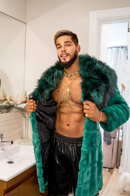 Winter Handmade Luxury Winter Men's Rex Rabbit Fur Coat with Super Large Raccoon Collar - Premium Fashion Outerwear - kayibstrore