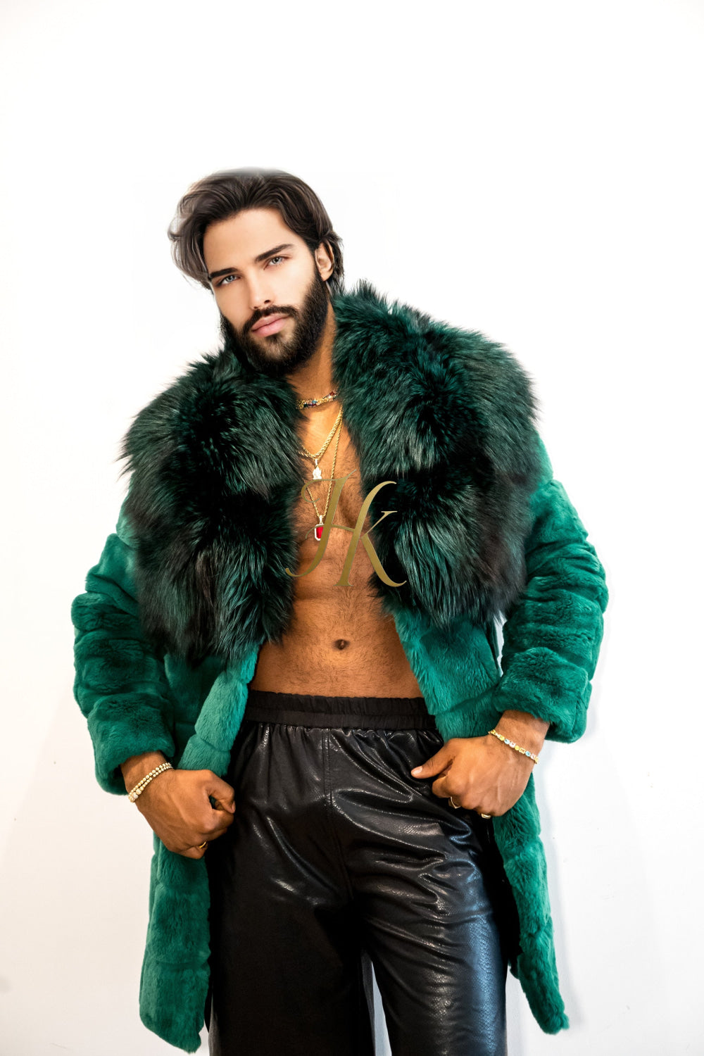 Handmade Luxury Winter Men's Rex Rabbit Fur Coat with Super Large Raccoon Collar - Premium Fashion coat - kayibstrore