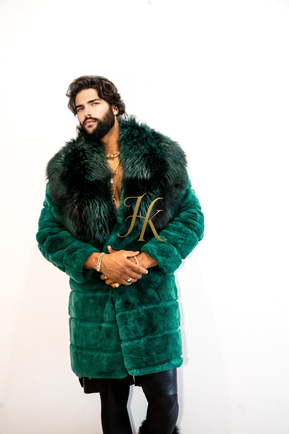 Handmade Luxury Winter Men's Rex Rabbit Fur Coat with Super Large Raccoon Collar - Premium Fashion coat - kayibstrore