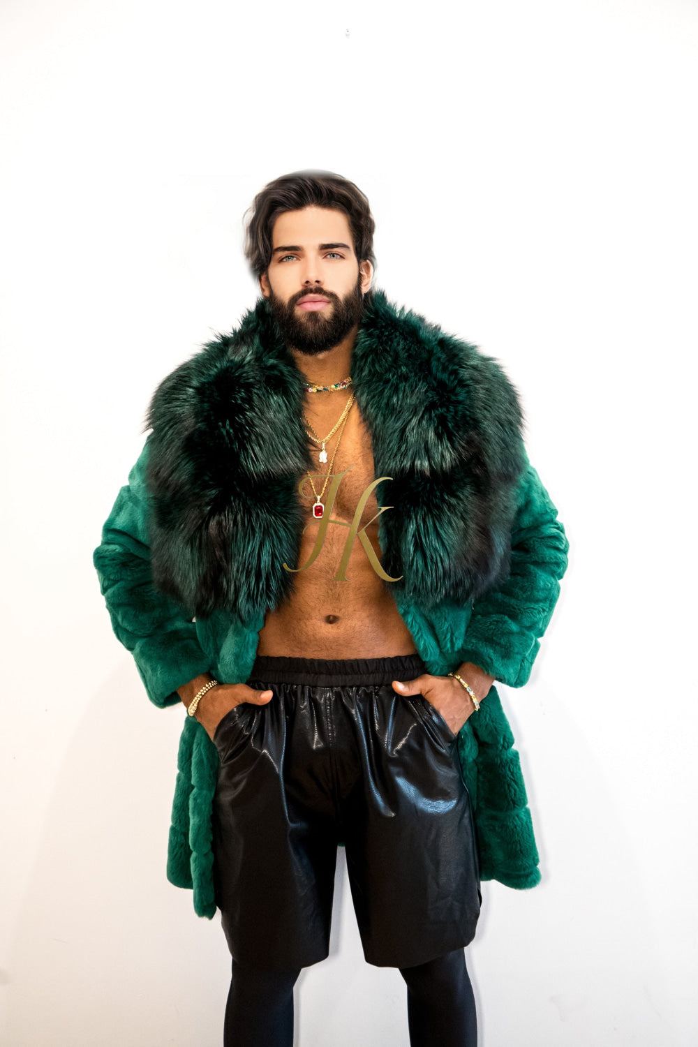 Handmade Luxury Winter Men's Rex Rabbit Fur Coat with Super Large Raccoon Collar - Premium Fashion coat - kayibstrore