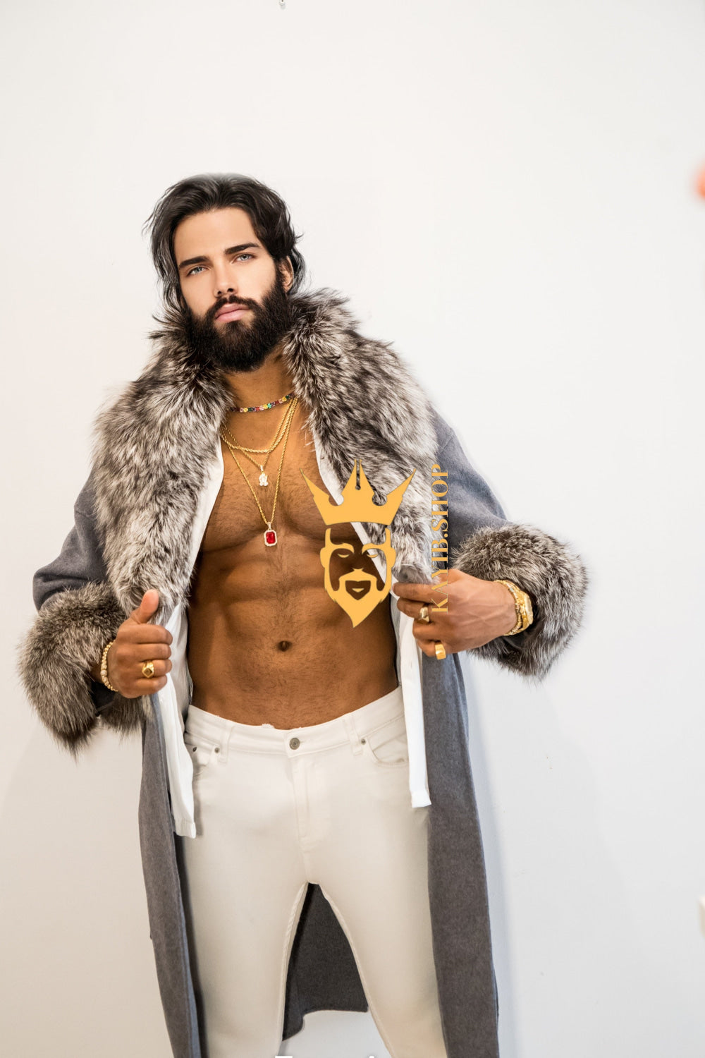 Winter Handmade Luxury Cashmere Cardigan with Natural Silver Fox Fur Collar | Winter Wool Blend Outerwear for Men and Women - kayibstrore