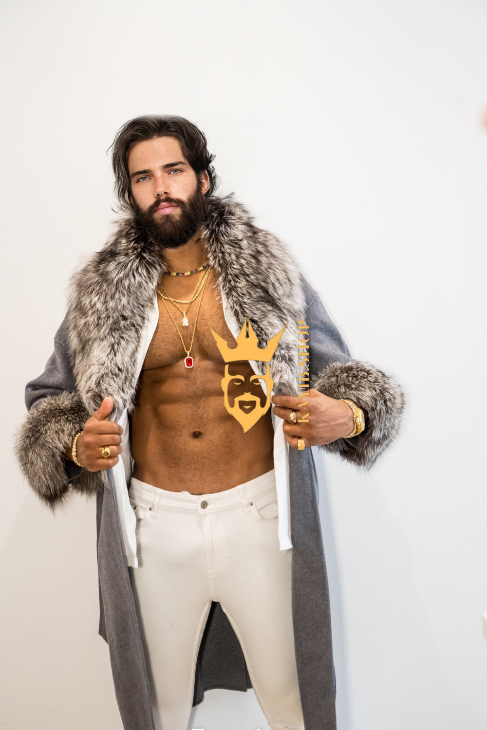 Winter Handmade Luxury Cashmere Cardigan with Natural Silver Fox Fur Collar | Winter Wool Blend Outerwear for Men and Women - kayibstrore