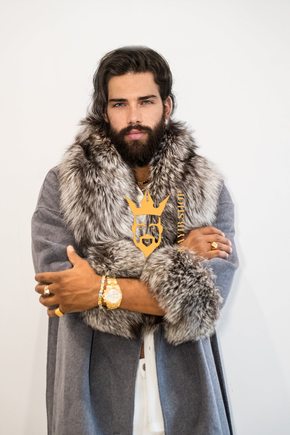Winter Handmade Luxury Cashmere Cardigan with Natural Silver Fox Fur Collar | Winter Wool Blend Outerwear for Men and Women - kayibstrore