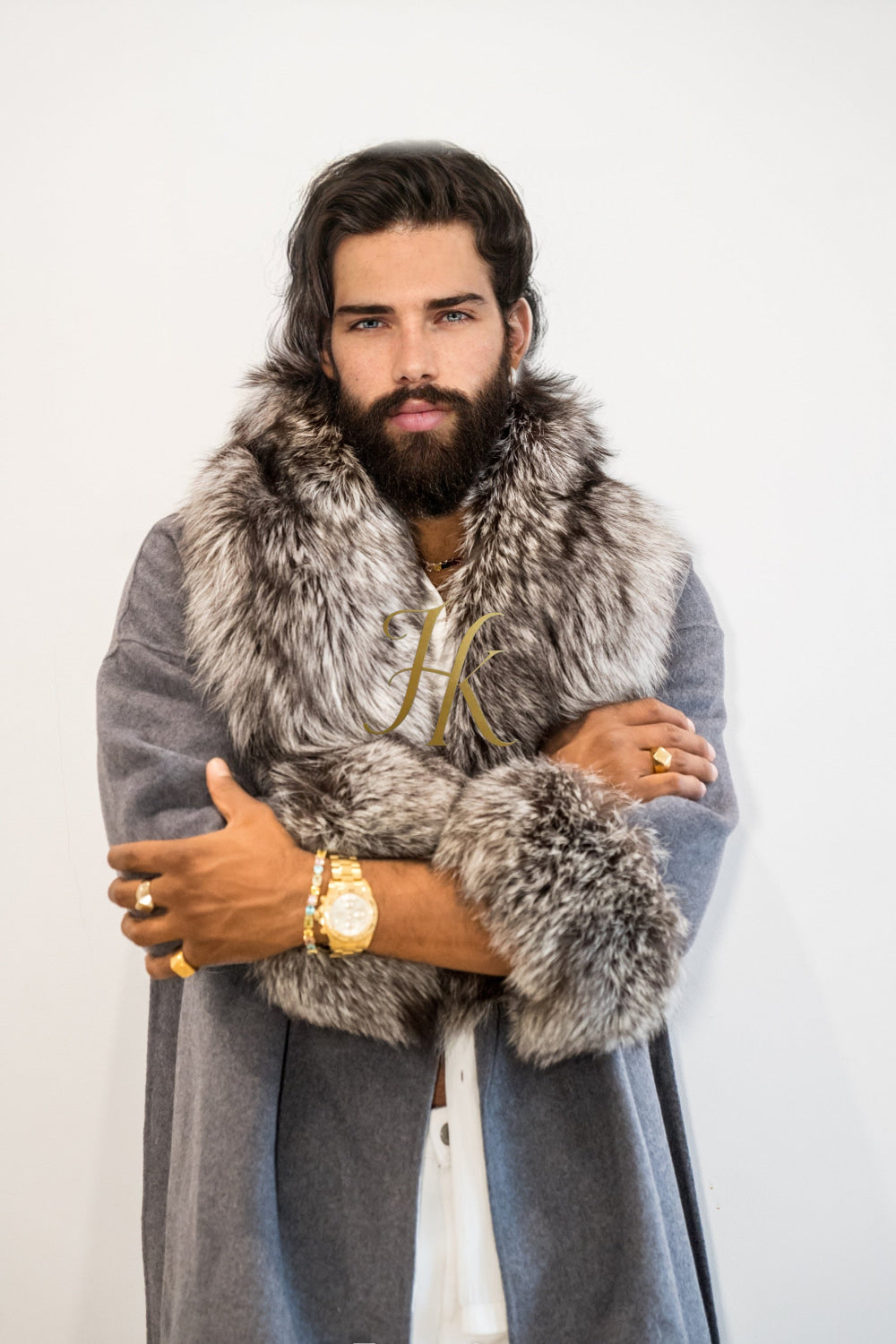 Winter Handmade Luxury Cashmere Cardigan with Natural Silver Fox Fur Collar | Winter Wool Blend Outerwear for Men and Women - kayibstrore
