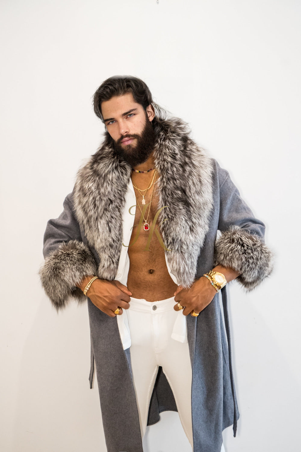 Winter Handmade Luxury Cashmere Cardigan with Natural Silver Fox Fur Collar | Winter Wool Blend Outerwear for Men and Women - kayibstrore