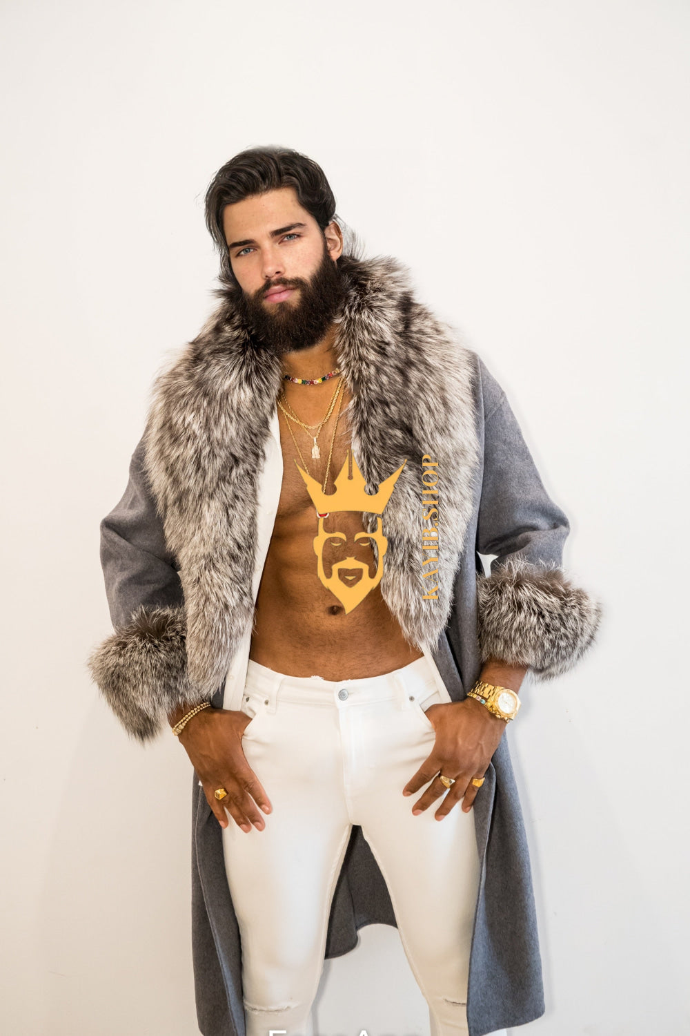 Winter Handmade Luxury Cashmere Cardigan with Natural Silver Fox Fur Collar | Winter Wool Blend Outerwear for Men and Women - kayibstrore