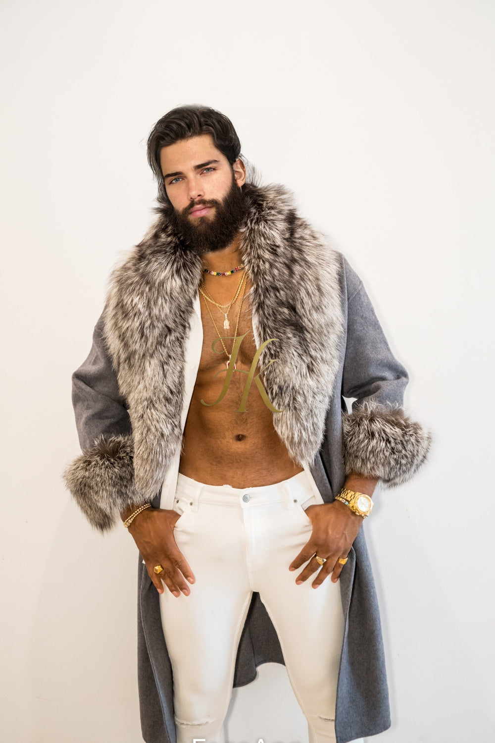Winter Handmade Luxury Cashmere Cardigan with Natural Silver Fox Fur Collar | Winter Wool Blend Outerwear for Men and Women - kayibstrore