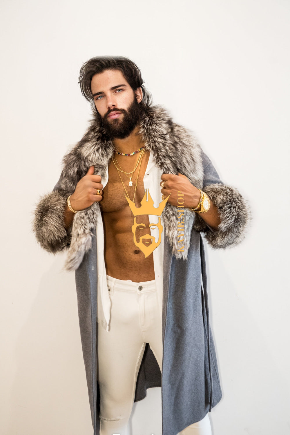 Winter Handmade Luxury Cashmere Cardigan with Natural Silver Fox Fur Collar | Winter Wool Blend Outerwear for Men and Women - kayibstrore