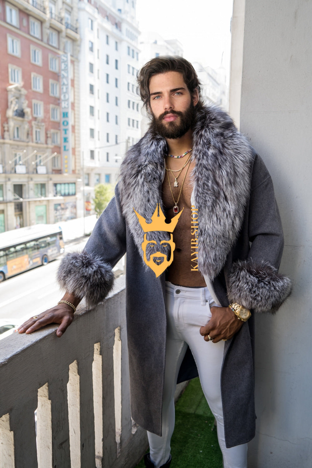 Winter Handmade Luxury Cashmere Cardigan with Natural Silver Fox Fur Collar | Winter Wool Blend Outerwear for Men and Women - kayibstrore