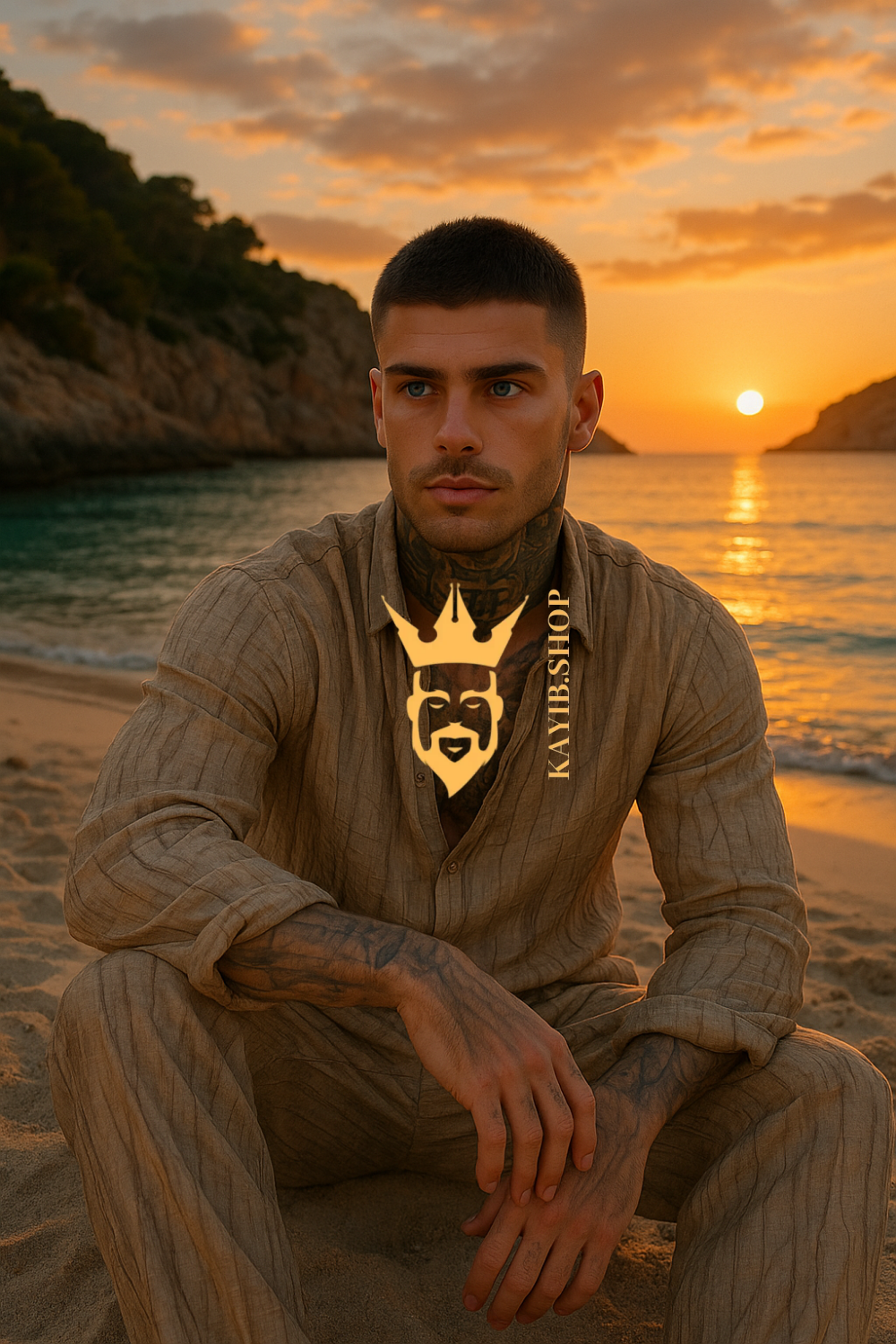 Men’s Vintage Artistic Set – Brown Artificial Silk Linen Texture Cardigan Shirt & Pants