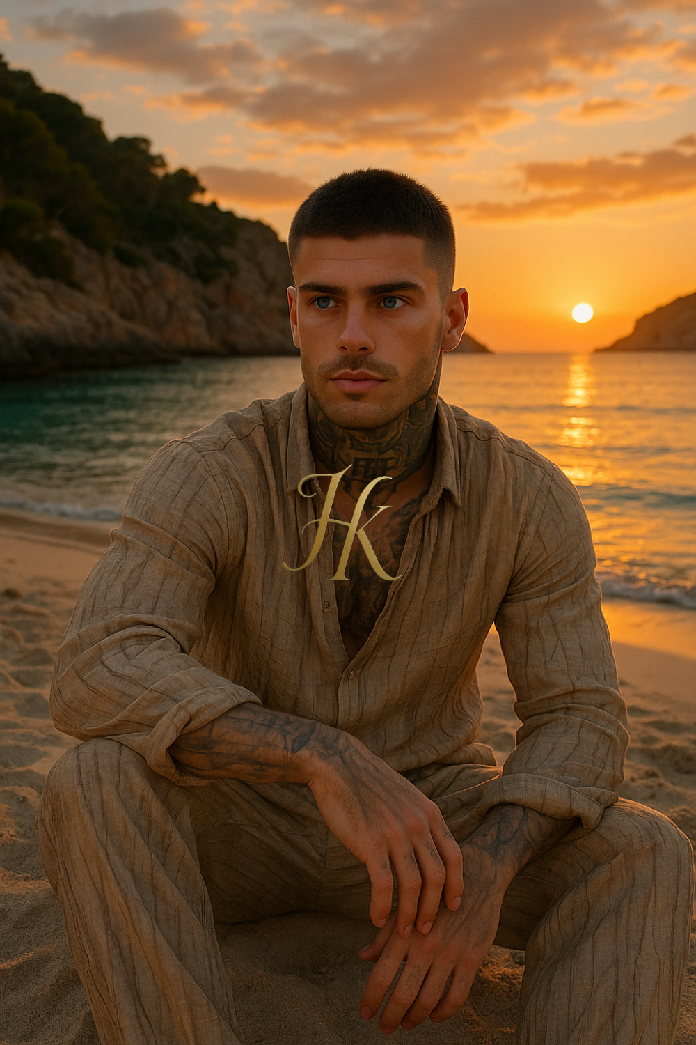 Men’s Vintage Artistic Set – Brown Artificial Silk Linen Texture Cardigan Shirt & Pants