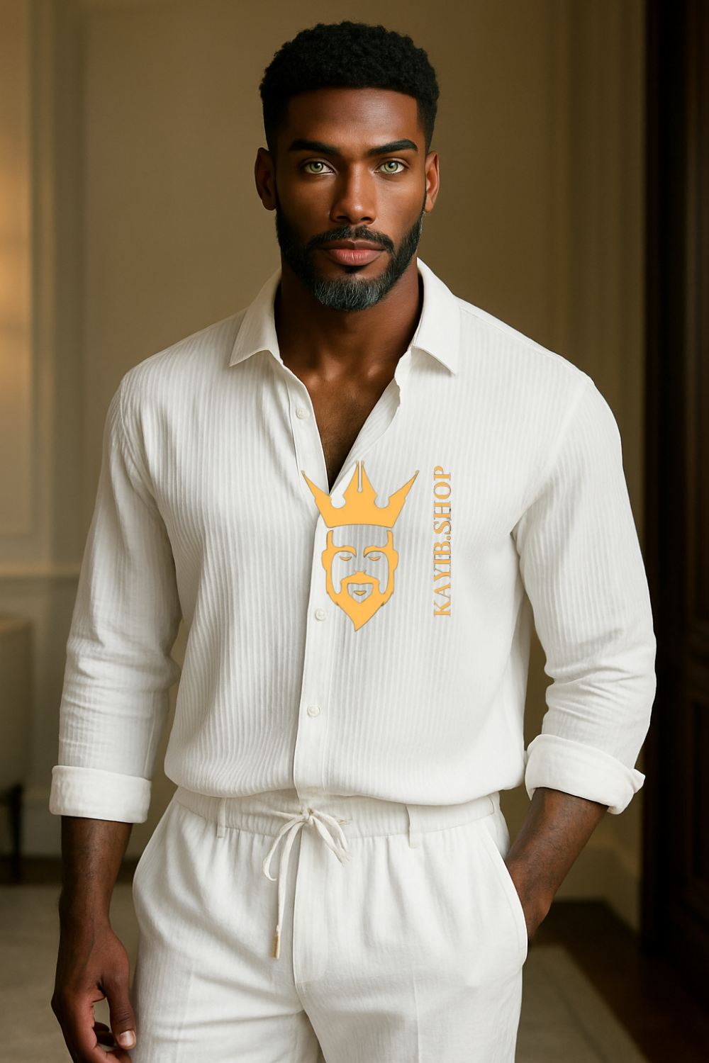 Men’s Two-Piece Shirt & Pants Set – Single-Breasted Top with Drawstring Straight Pants