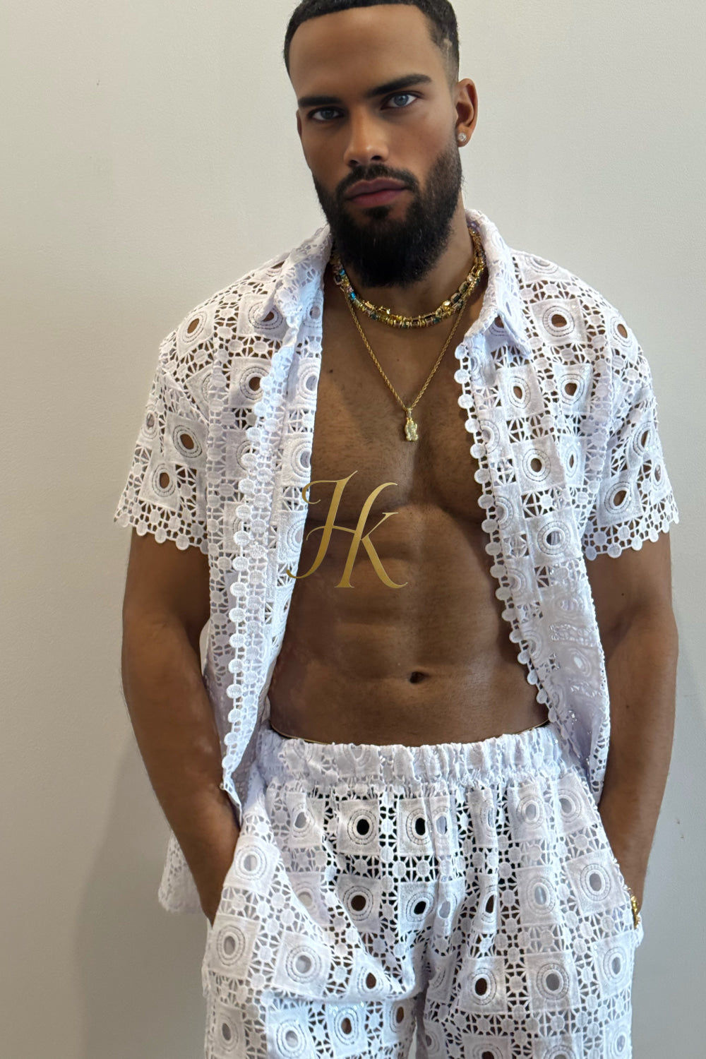Premium Men’s Lace Set – Mesh Embroidered Shirt & Pant Ensemble - kayibstrore