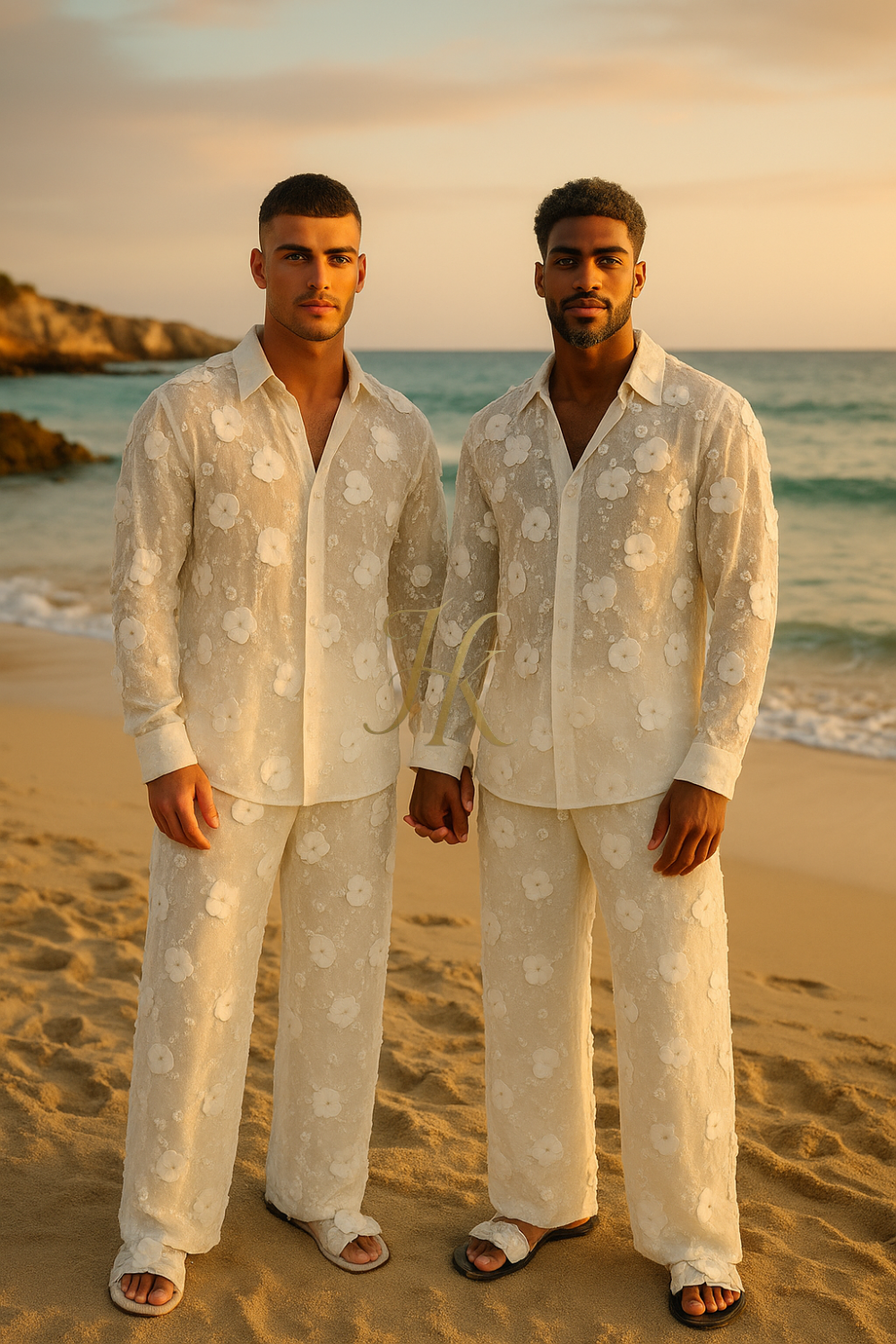 Luxury White 3D Floral Embroidered Men’s Set – Beaded Lace Shirt & Pants Designer Outfit