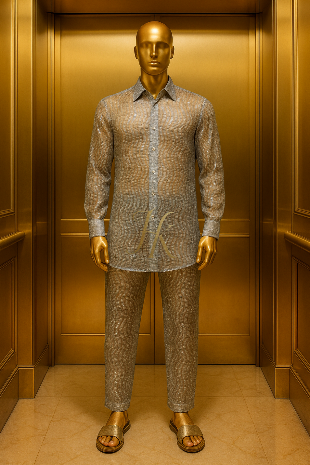 Men’s Luxury Silver Sequin Lace Set – Handmade French Tulle Shirt & Pants