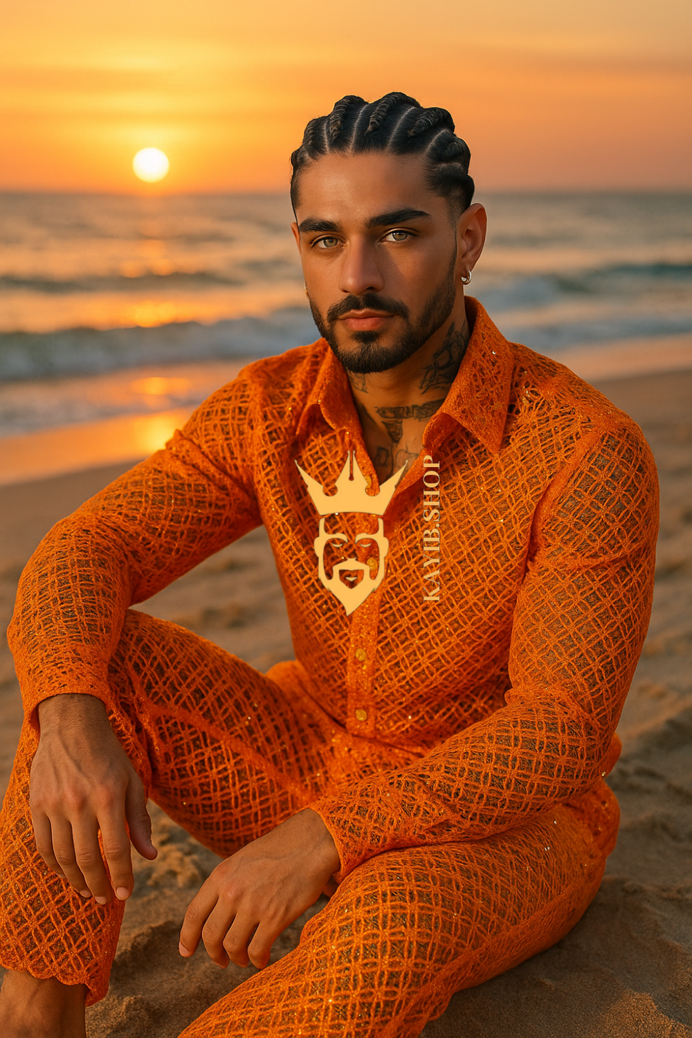 Men’s Luxury Lace Set – High-Quality Water-Soluble Sequin Embroidered Shirt & Pants