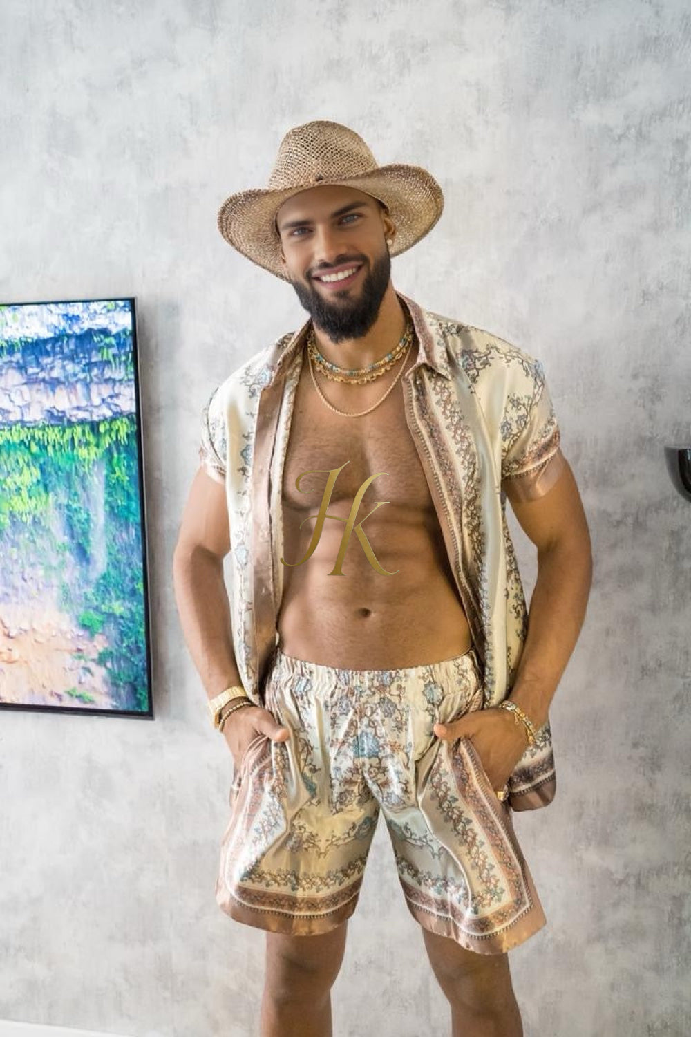 Luxury Boho Silk Shirt Set - Festival Outfit, Boho Handmade Men's Fashion - kayibstrore