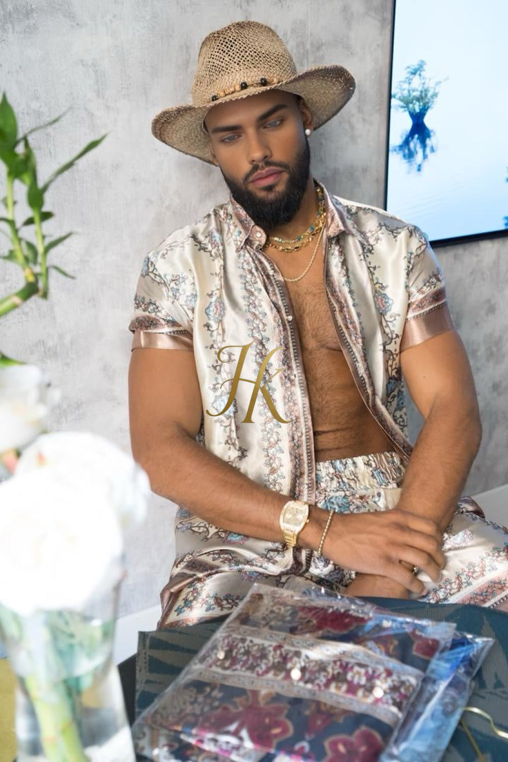 Luxury Boho Silk Shirt Set - Festival Outfit, Boho Handmade Men's Fashion - kayibstrore