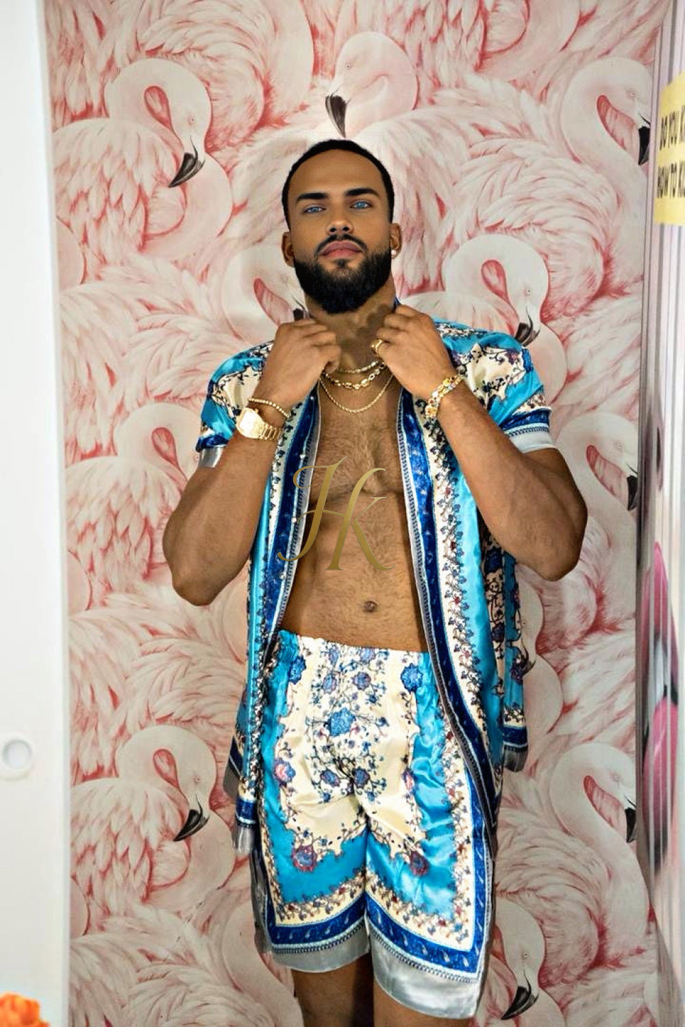 Luxury Boho Silk Shirt Set - Festival Outfit, Handmade Men's Fashion style for summer - kayibstrore