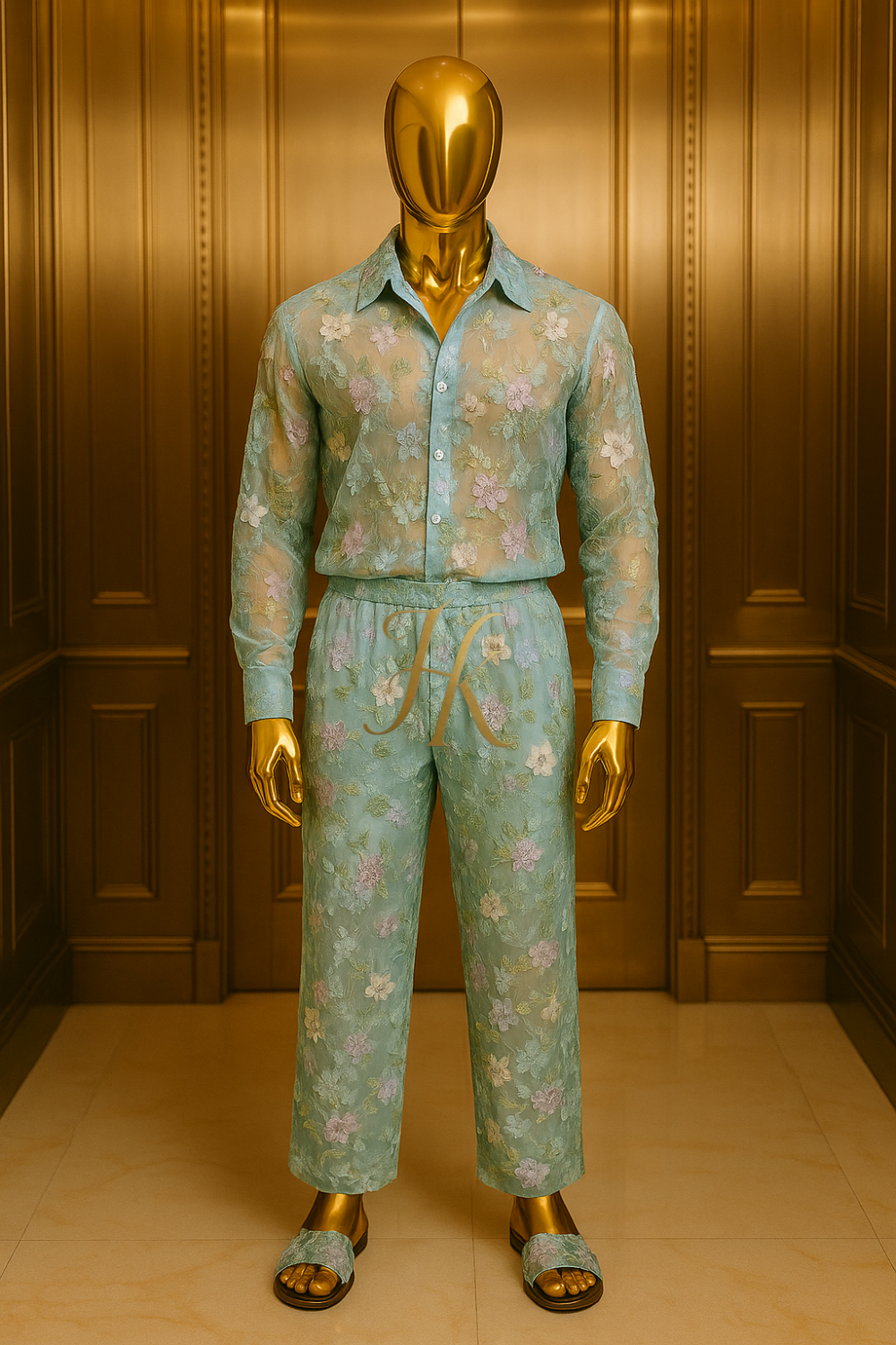 Men’s Luxury 3D Floral Lace Set – Colorful Embroidered Tulle Shirt & Pants