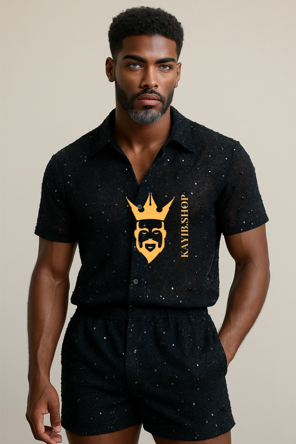 Men’s 2-Piece Set – Shirt & Shorts in Luxury Lace Mesh with Sequin and Beaded Embroidery
