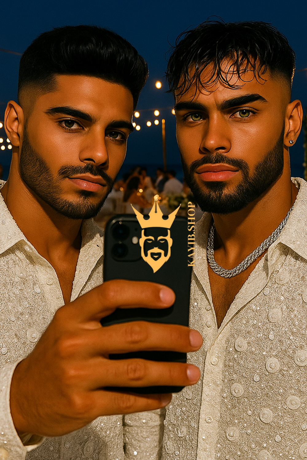 Men’s Luxury French Embroidered Lace Set – Handmade Pearls & Sequins Tulle Shirt and Pants