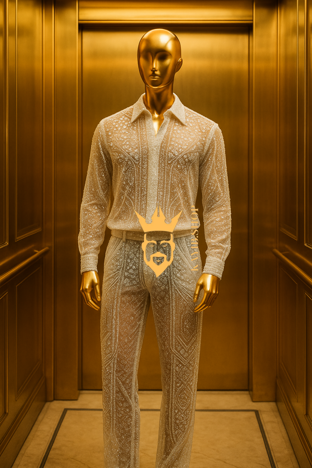 Men’s Luxury Lace Set – French Tulle with Sequins & Beaded Embroidery Shirt and Pants